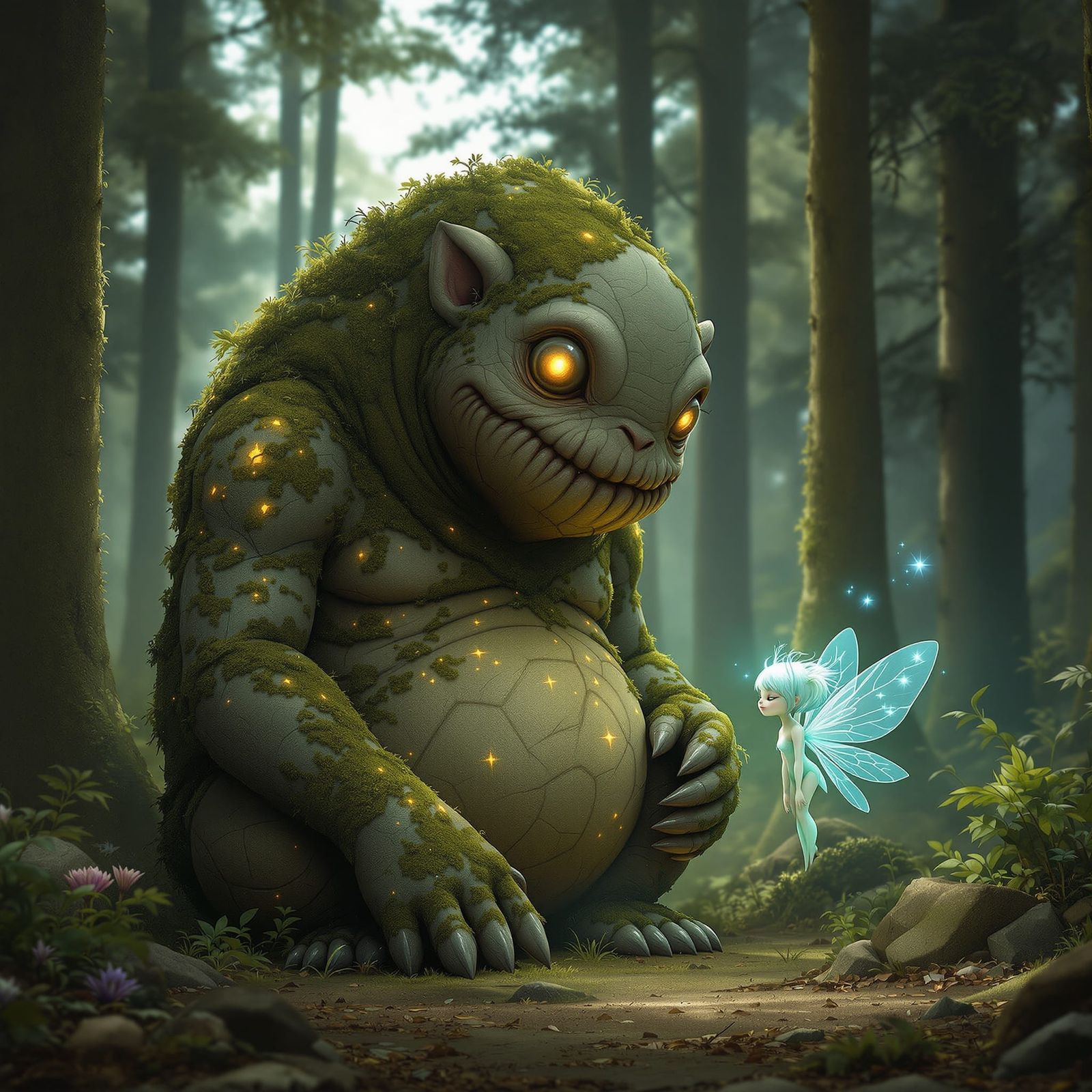 A realistic fantasy scene of two unlikely friends in a quiet...