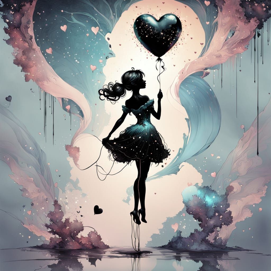 Silhouette with Heart Balloon in Splash Art Style