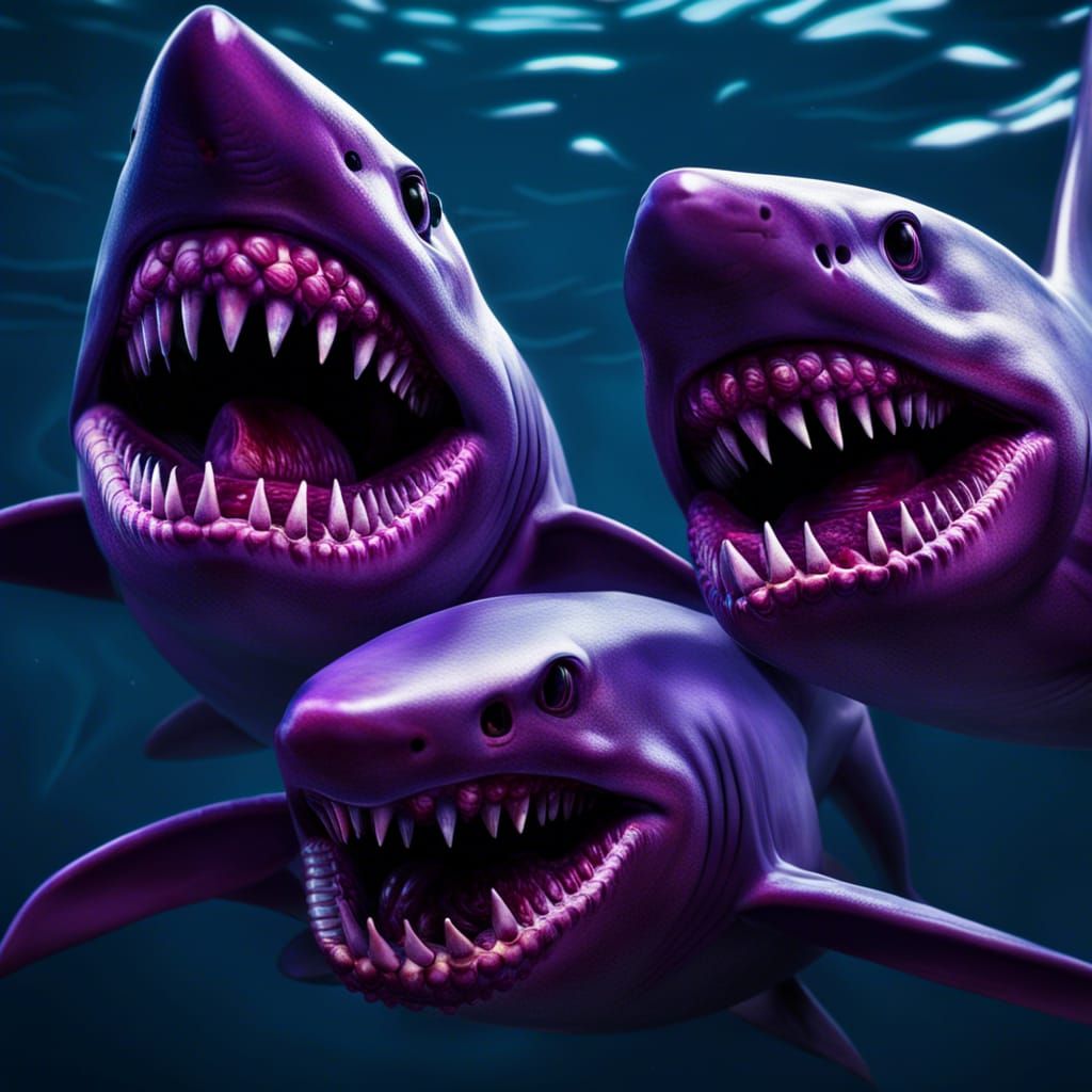 Hyperrealistic Purple Three-Headed Shark in HDR