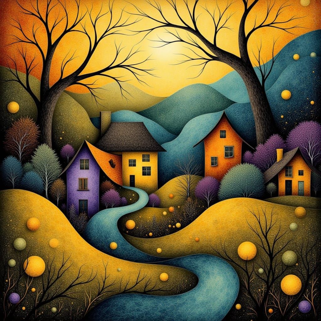 Vibrant Whimsy Village Scene in Golden Light