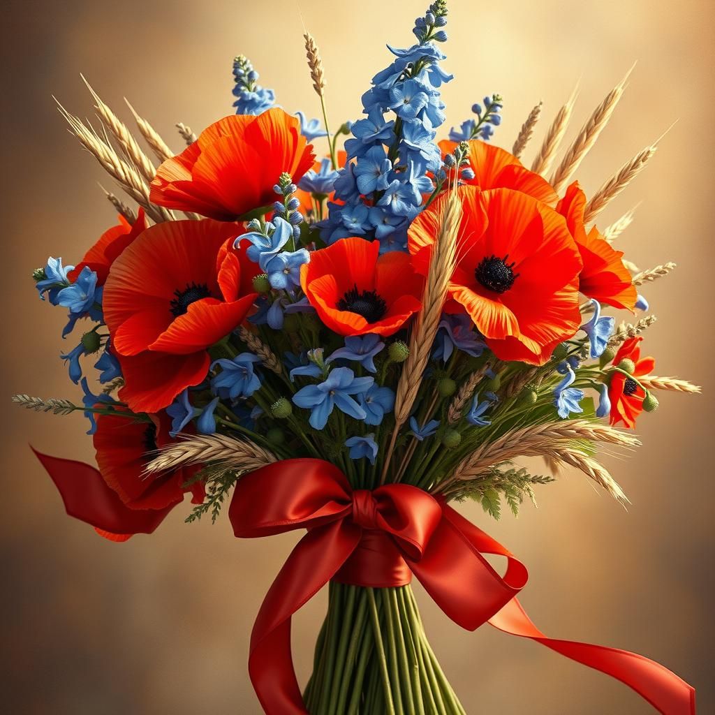 Poppies and Wheat Bouquet in Encaustic Watercolor Style