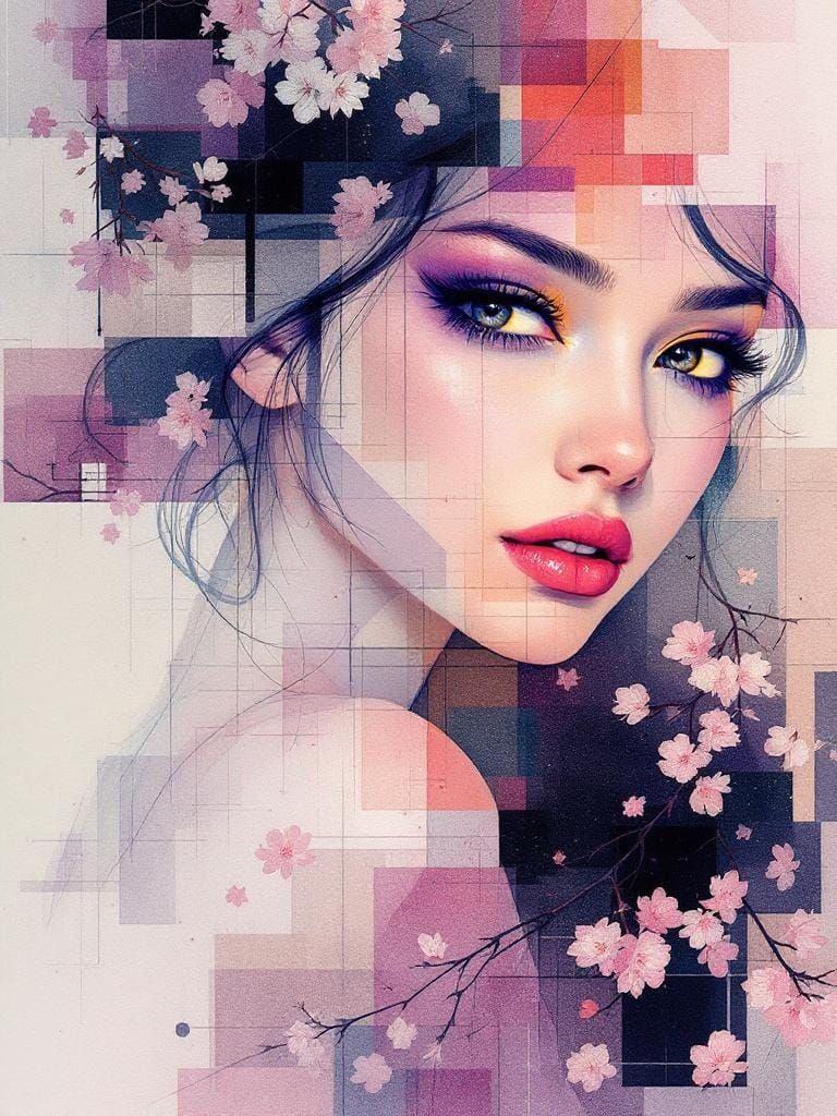 Ethereal Fusion: Geometric Pin-Up in Watercolor Garden