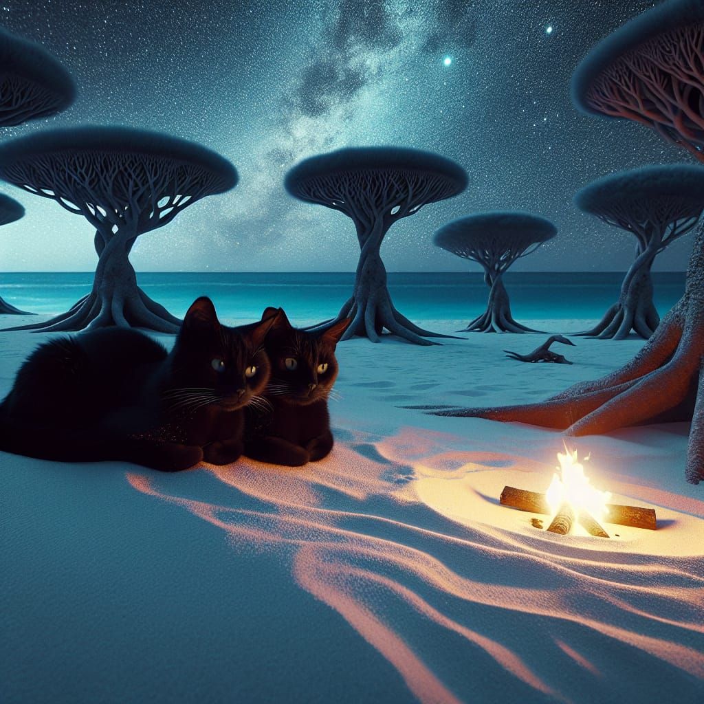 Two Black Cats Snuggled on Alien Beach