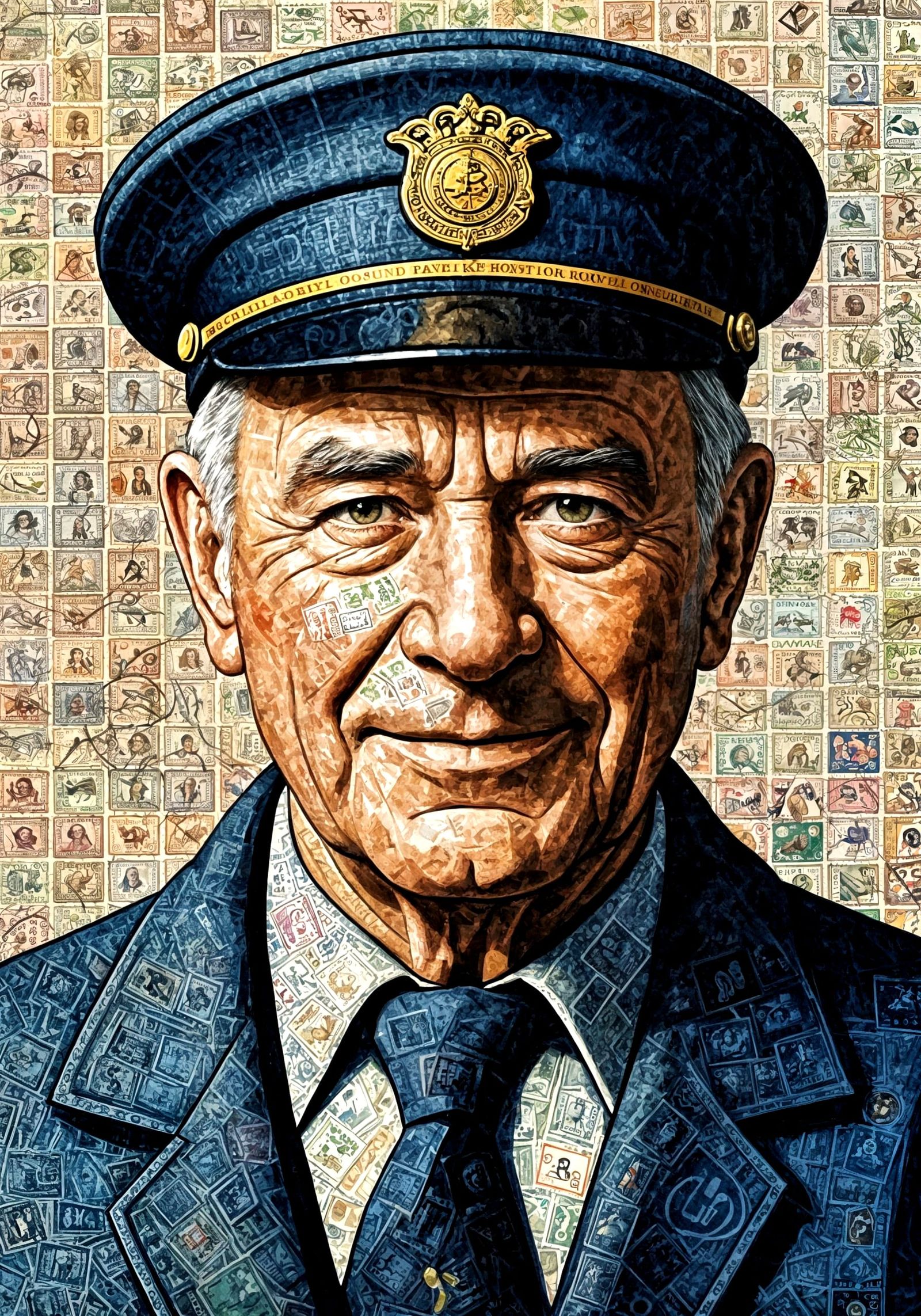 Elderly Postman in a Mosaic of Postage Stamps