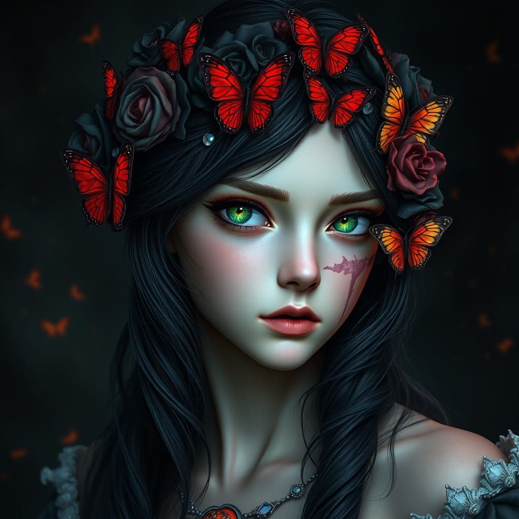 Ethereal Fantasy Maiden with Emerald Eyes and Whimsical Flor...