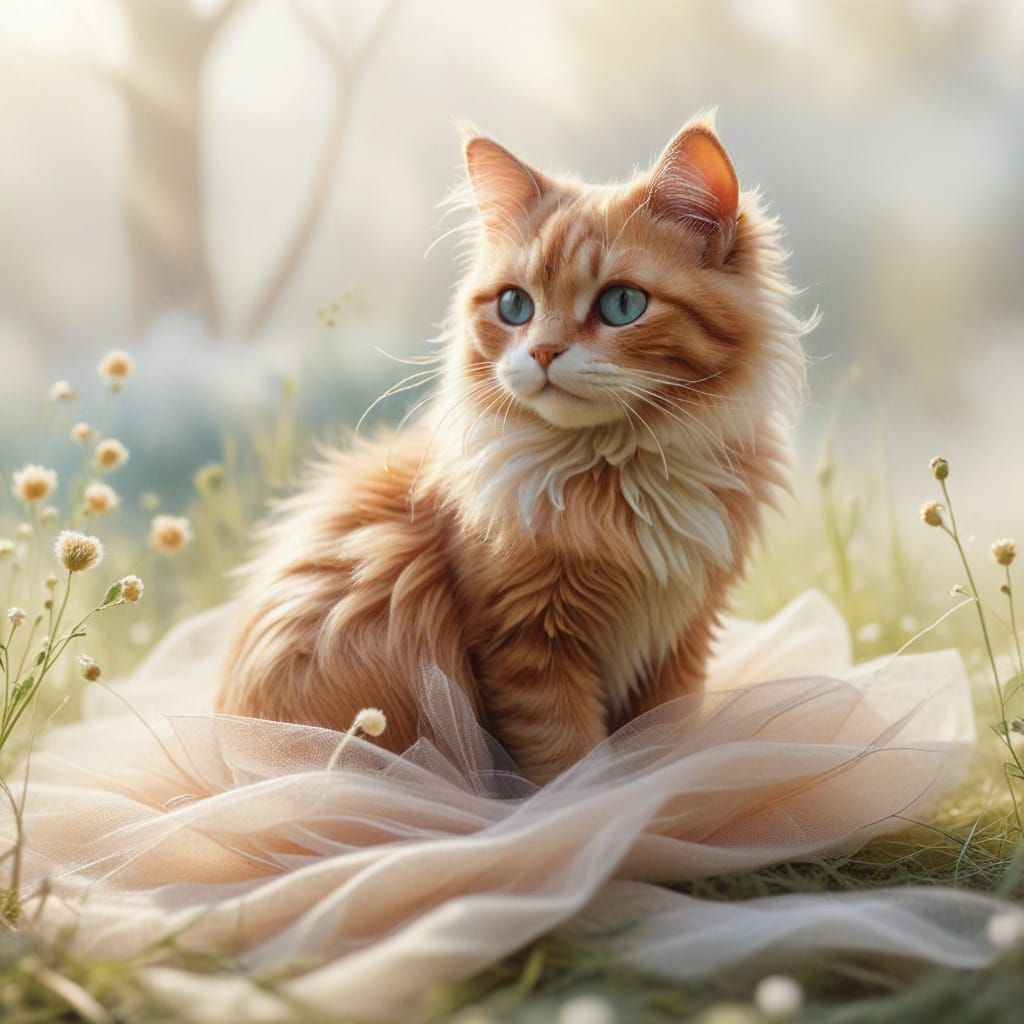 Whimsical Felt Cat on Tulle Meadow