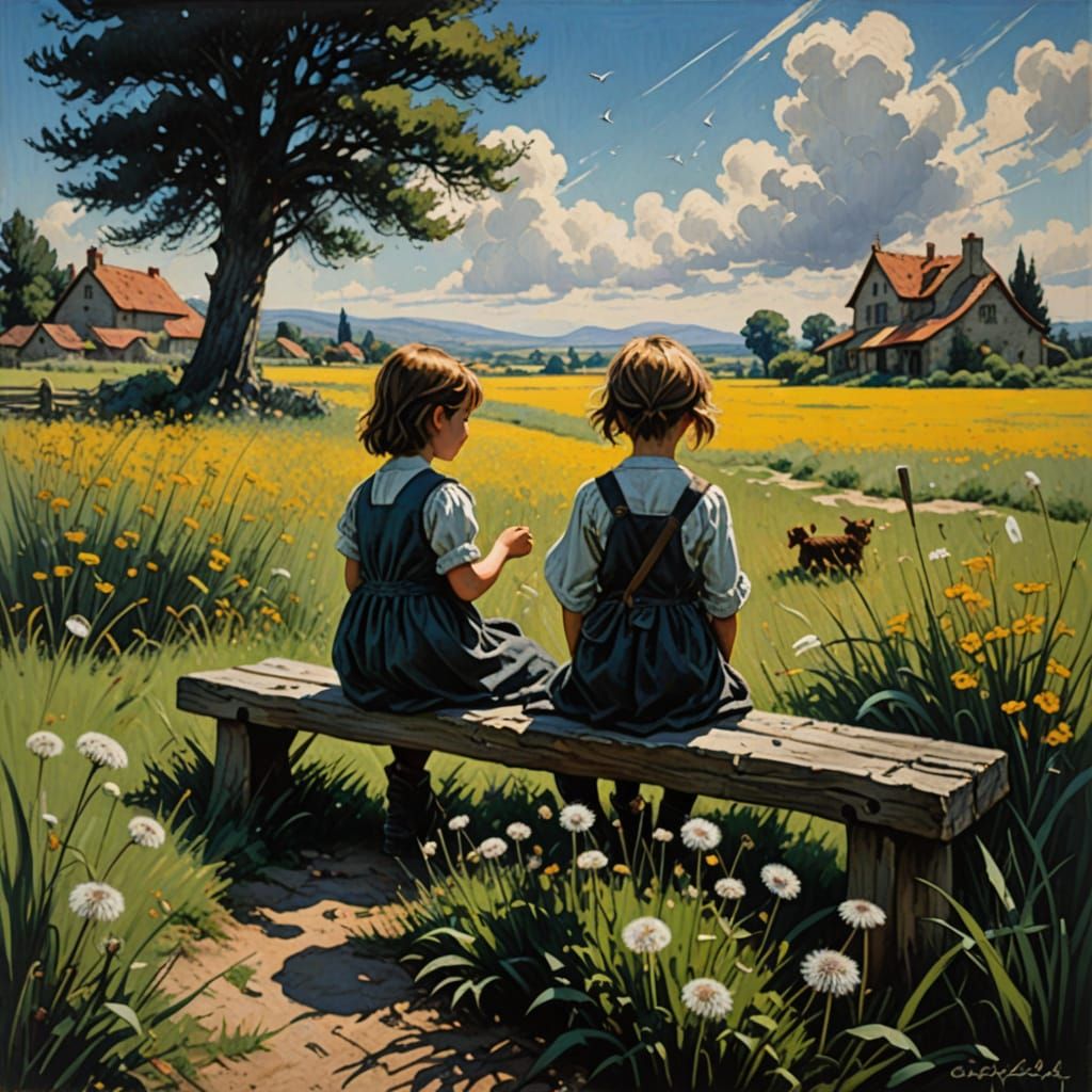 Child with Dandelion in Sunny Meadow, Comic Book Style