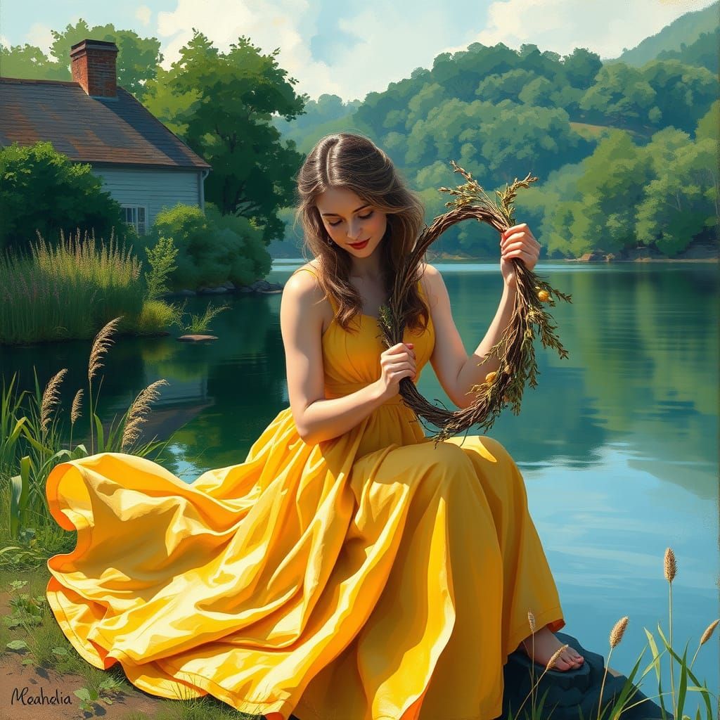 Woman Weaving Wreath by Lake in Gouache Painting Style