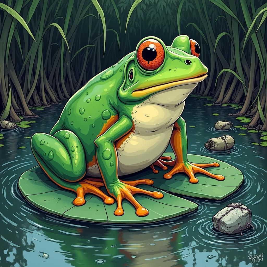 Frog on Lily Pad in Comic Book Style