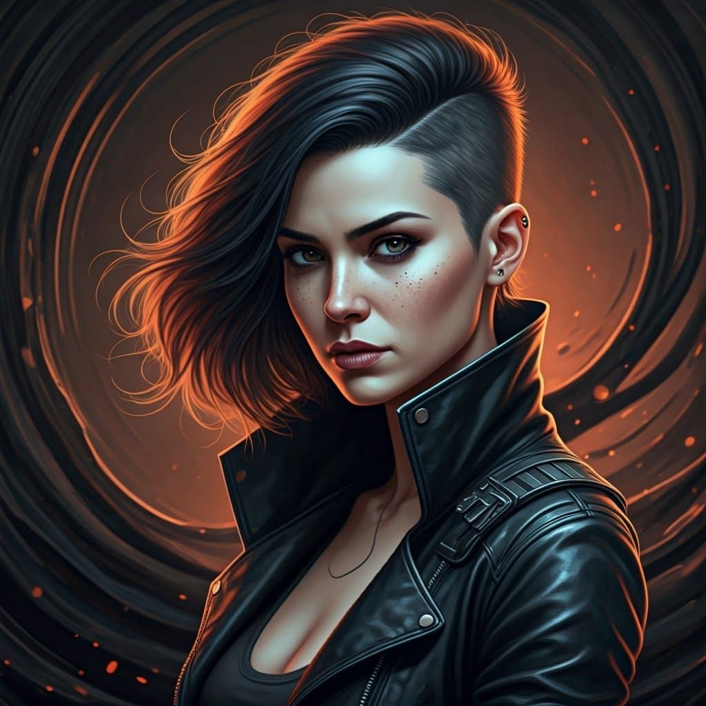 Woman with Dark Aura in Dystopian Sci-Fi Style