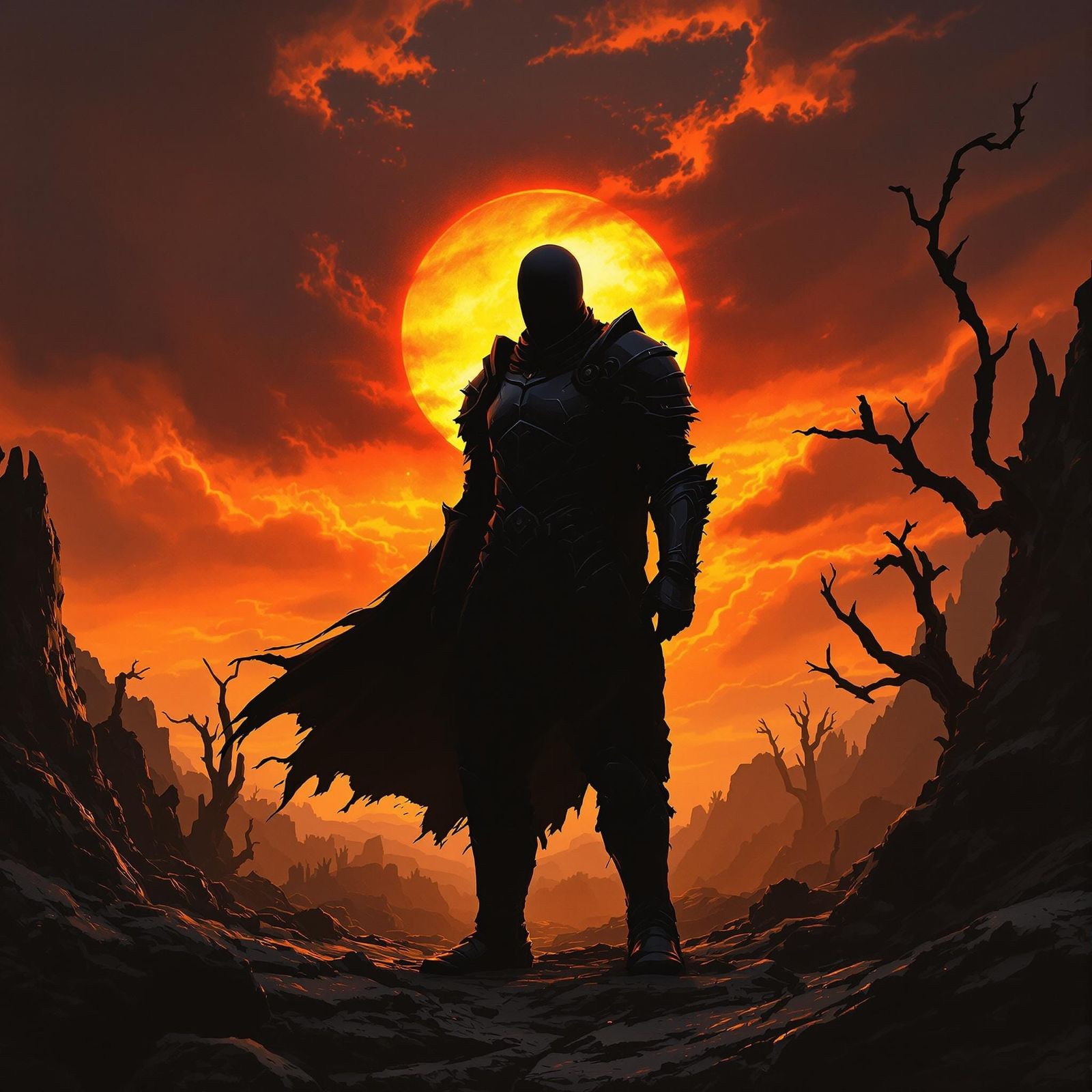 Grimdark Warrior Silhouette Against Fiery Sunset