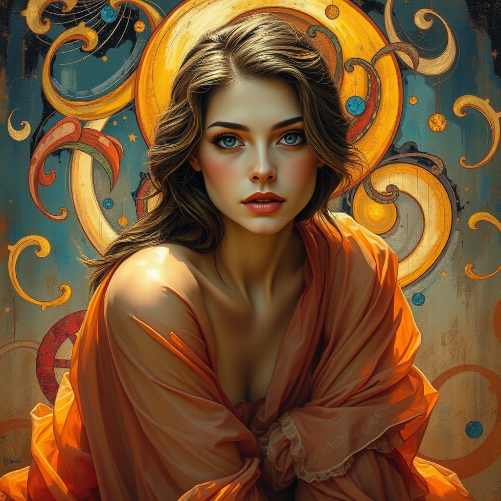 A luminous thick impasto art nouveau oil painting in the style of Alphonse Mucha, Jeremy Mann, and Heinrich Kley, featur...