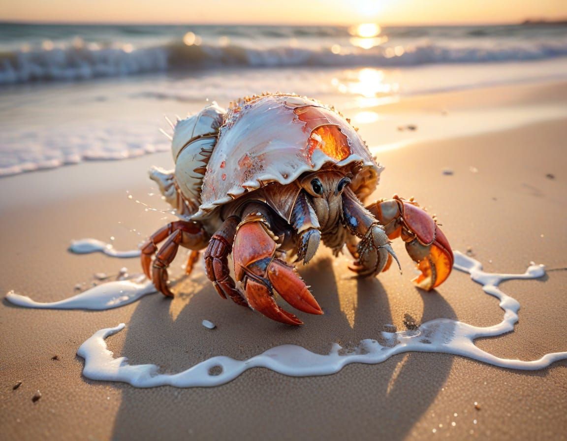 Hermit Crab Shell Mosaic at Sunset, Watercolour Style