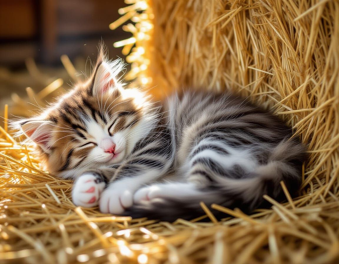 Barn loft fluffy kitten 😺 closeup nap 💤 on hay bale, sunbe...