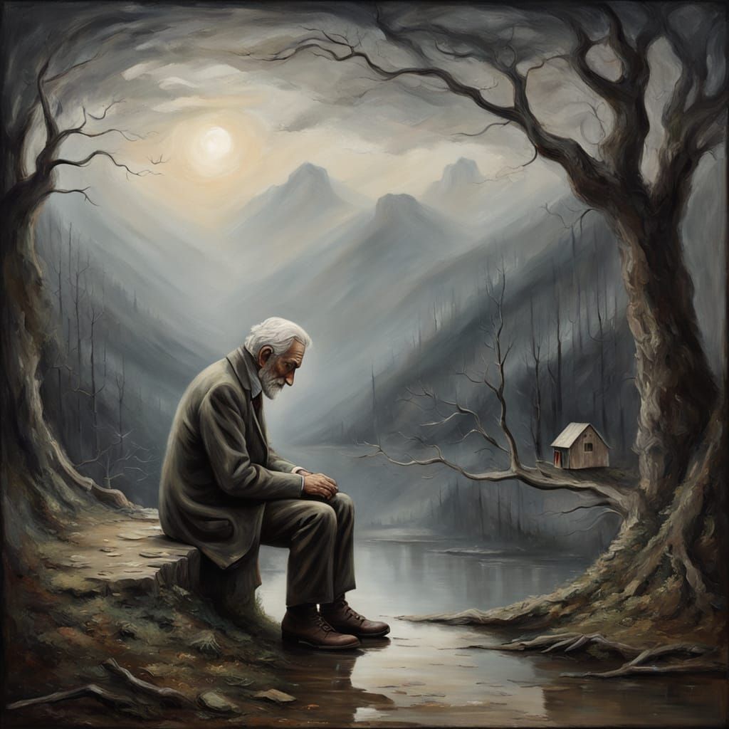 Aged Man's Solitary Departure to Mountains in Surreal Oil Pa...
