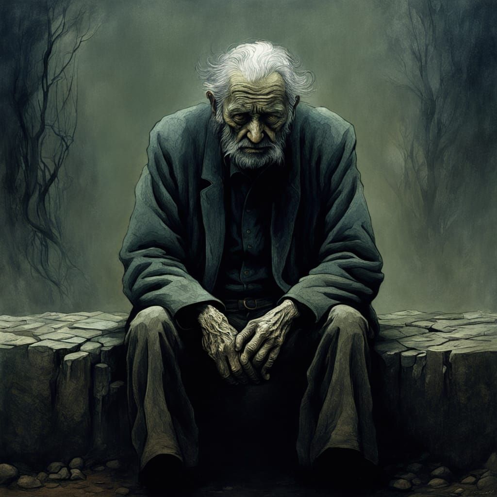 Surreal Portrait of a Tired, Gray-Haired Old Man