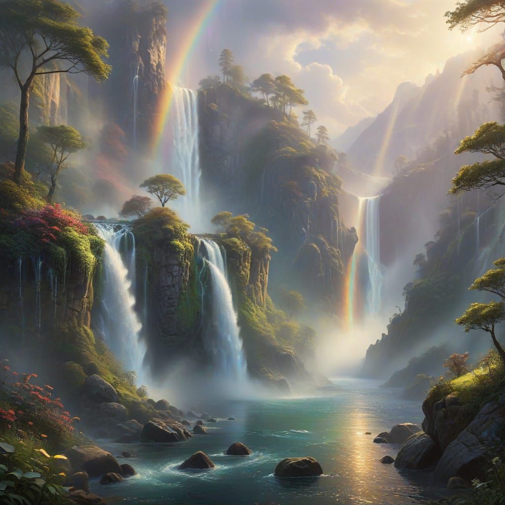 Majestic Cliffside Paradise with Ethereal Aura and Rainbow