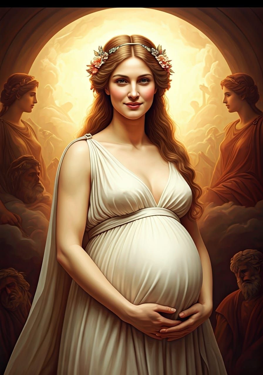 Pregnant Goddess on Olympus: Nostalgic Oil Painting