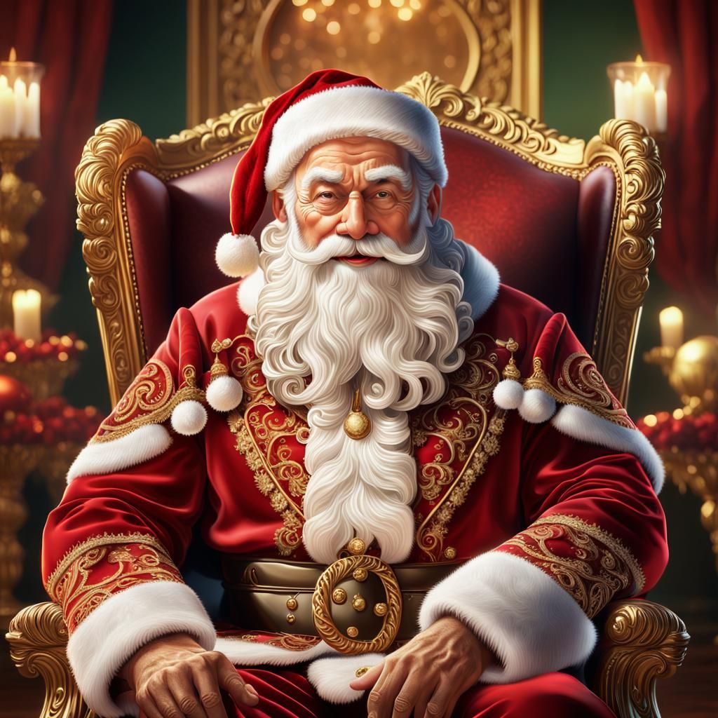 Hyperrealistic Santa Claus Portrait in Gilded Chair