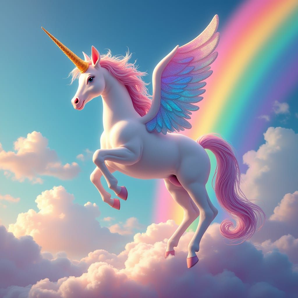 Winged Unicorn on Rainbow, Ethereal Digital Art