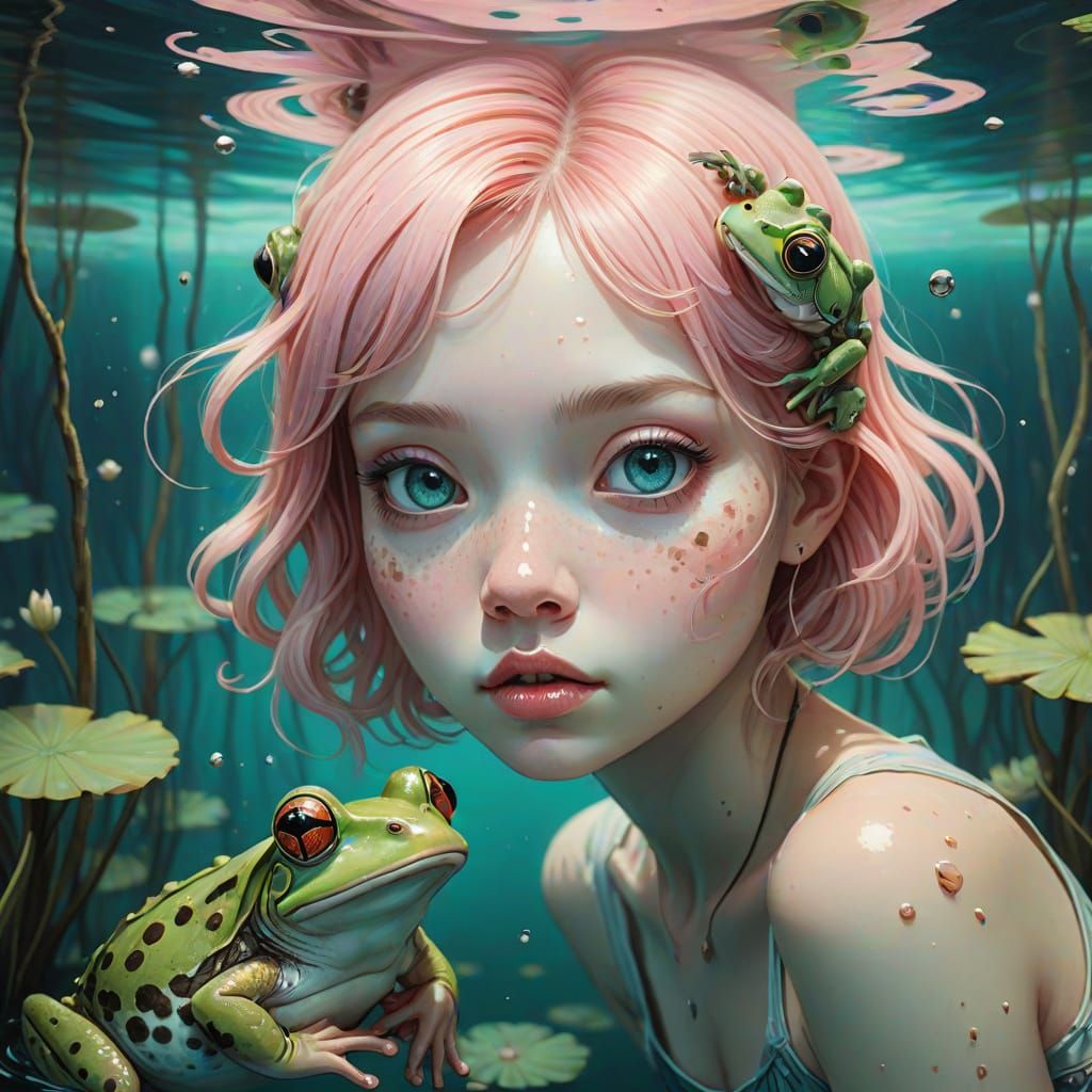 Surreal Magical Realism Portrait of a Girl with Frogs in a S...