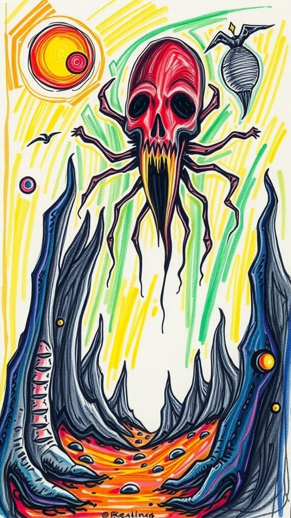 Vibrant Childlike Fantasy with Dark Undertones in Bold Crayo...