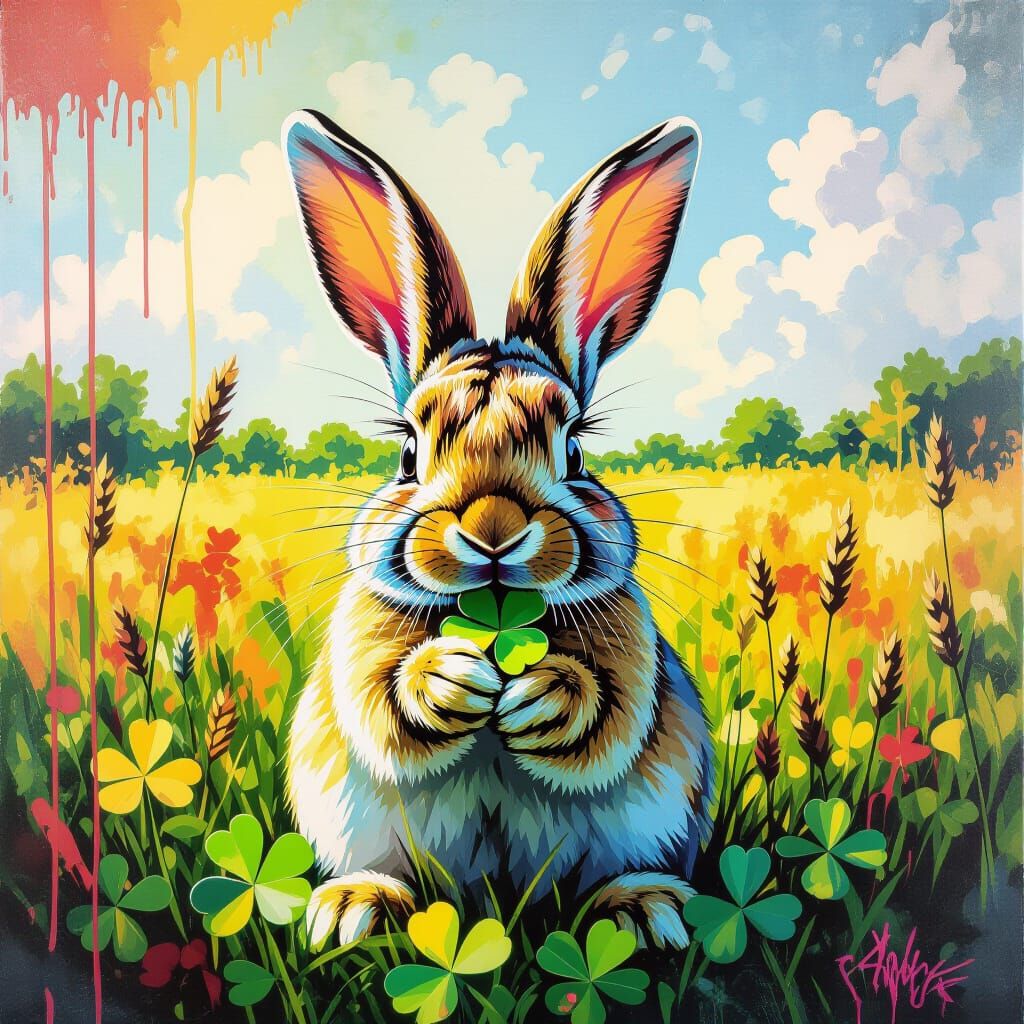 Vibrant Graffiti Art of a Rabbit Eating Clover
