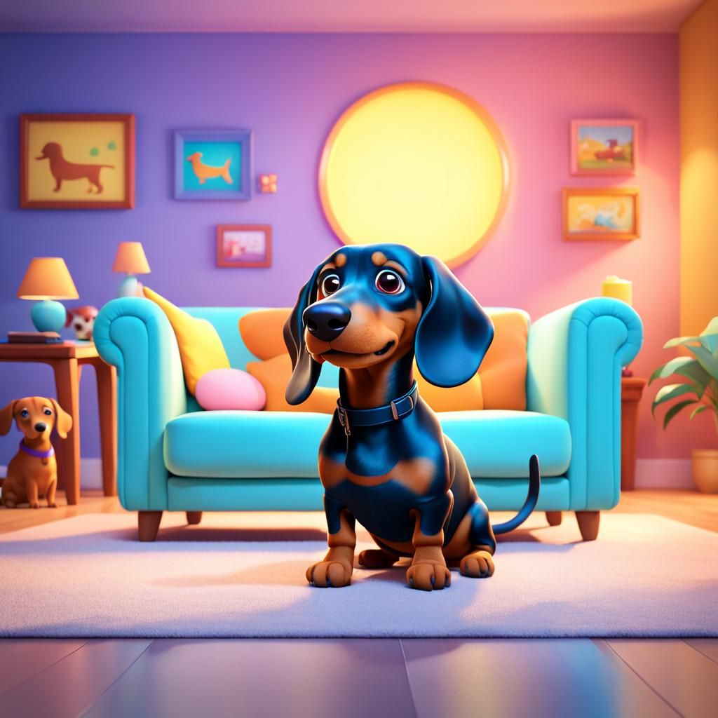 Cartoon Dachshund Dog Watching TV in 3D Style