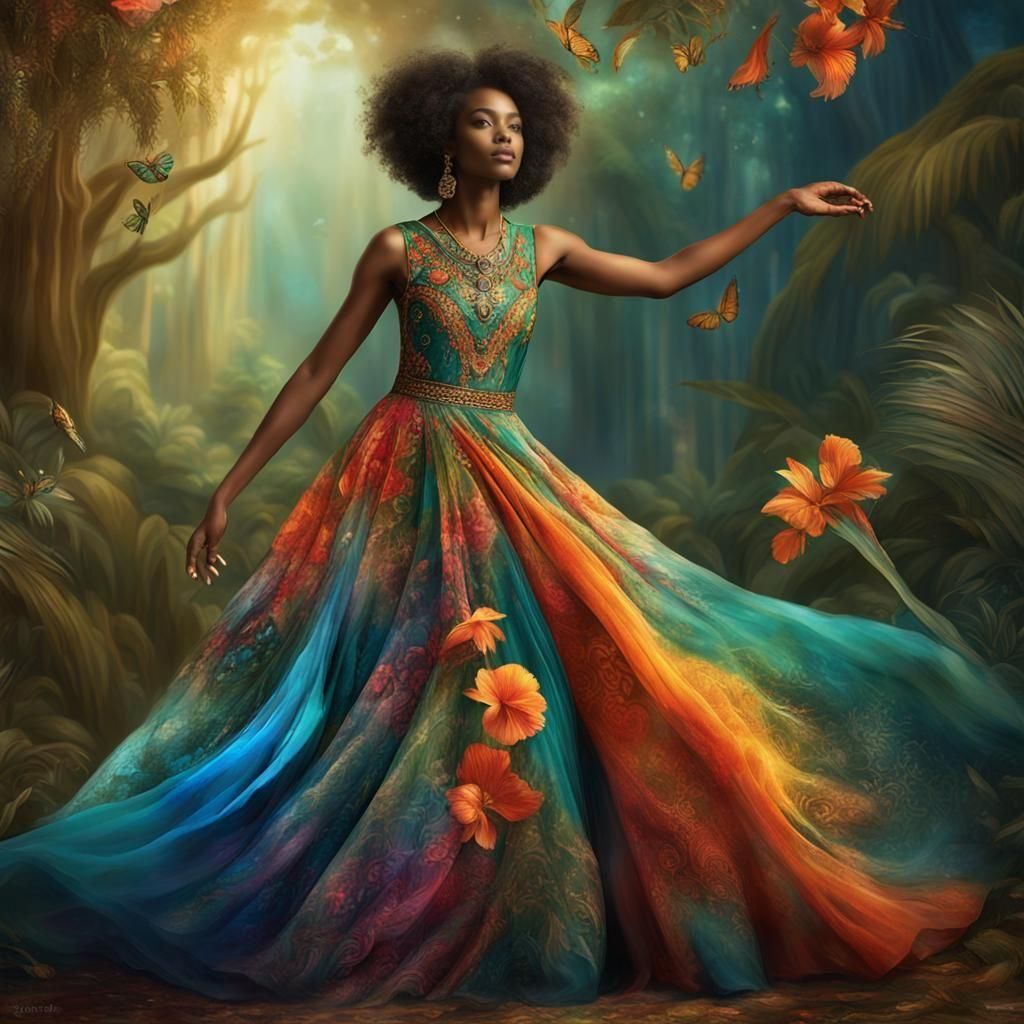 Exotic Woman in Nature-Inspired Gown: Fantasy Art