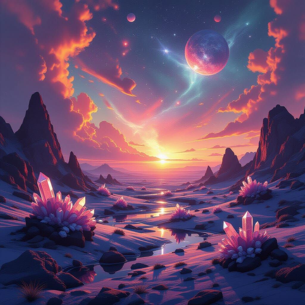 Crystalline Cosmic Landscape in Dreamlike Style