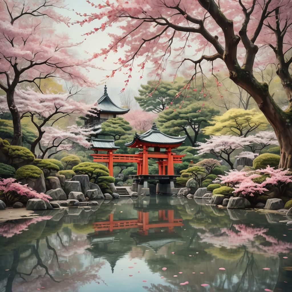 Tranquil Japanese Garden with Cherry Blossoms