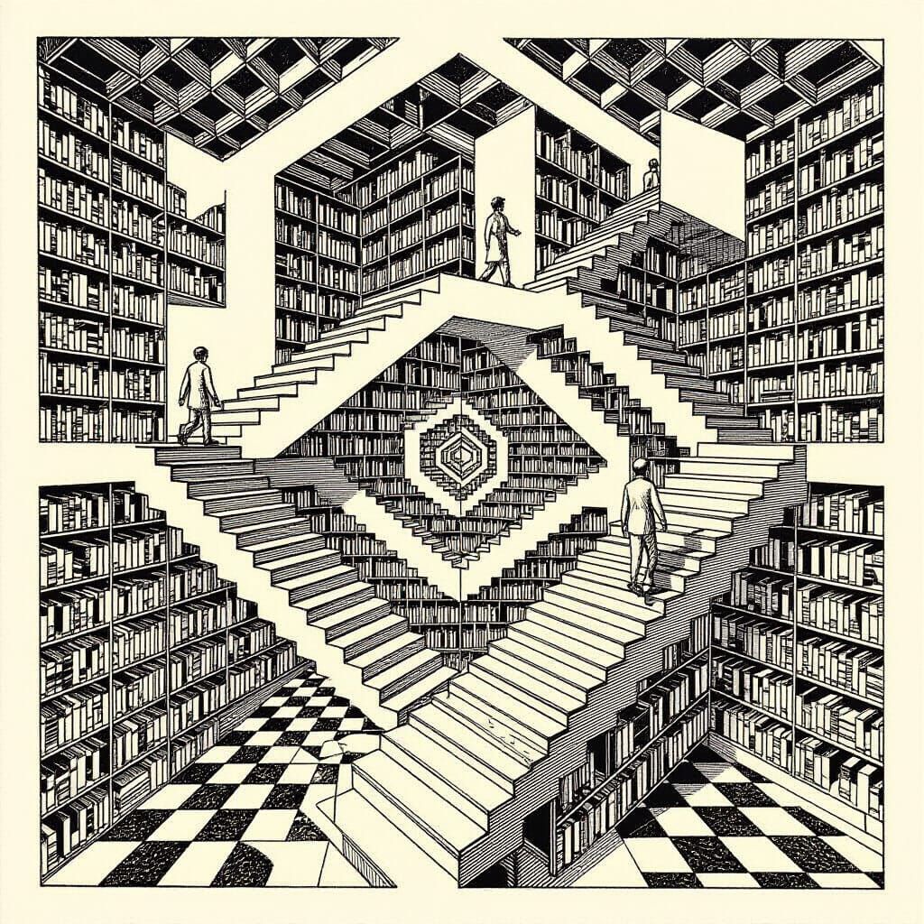 Escher-Style Impossible Library with Infinite Staircases