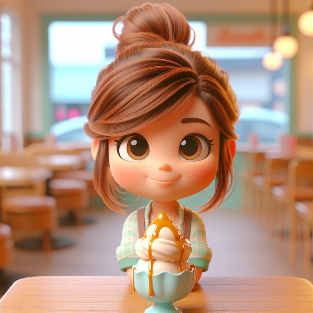 Disney Pixar style 3D adorable little girl, hair in a messy bun, cute sweet smile, ice cream sundae covered in caramel i...