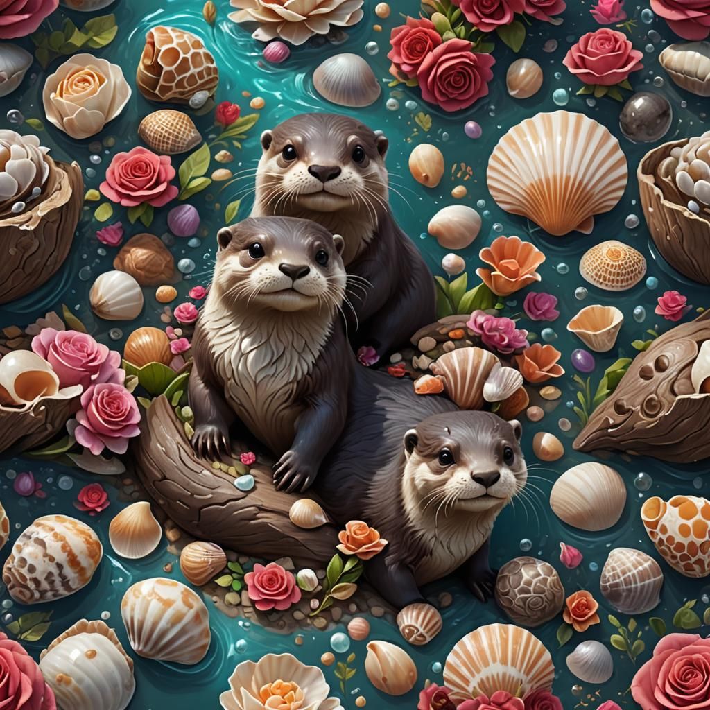 Playful Otter with Roses and Shells