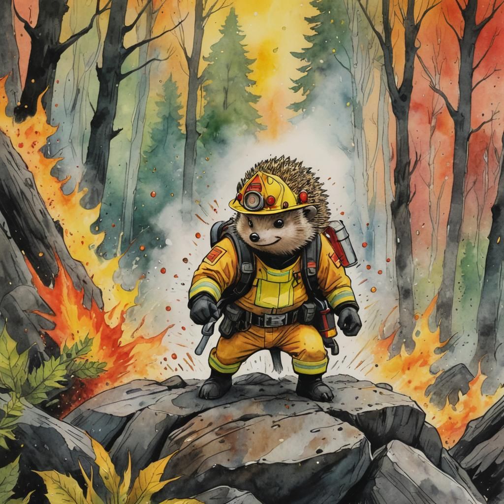 Hedgehog Superhero Fights Forest Fire in Watercolor