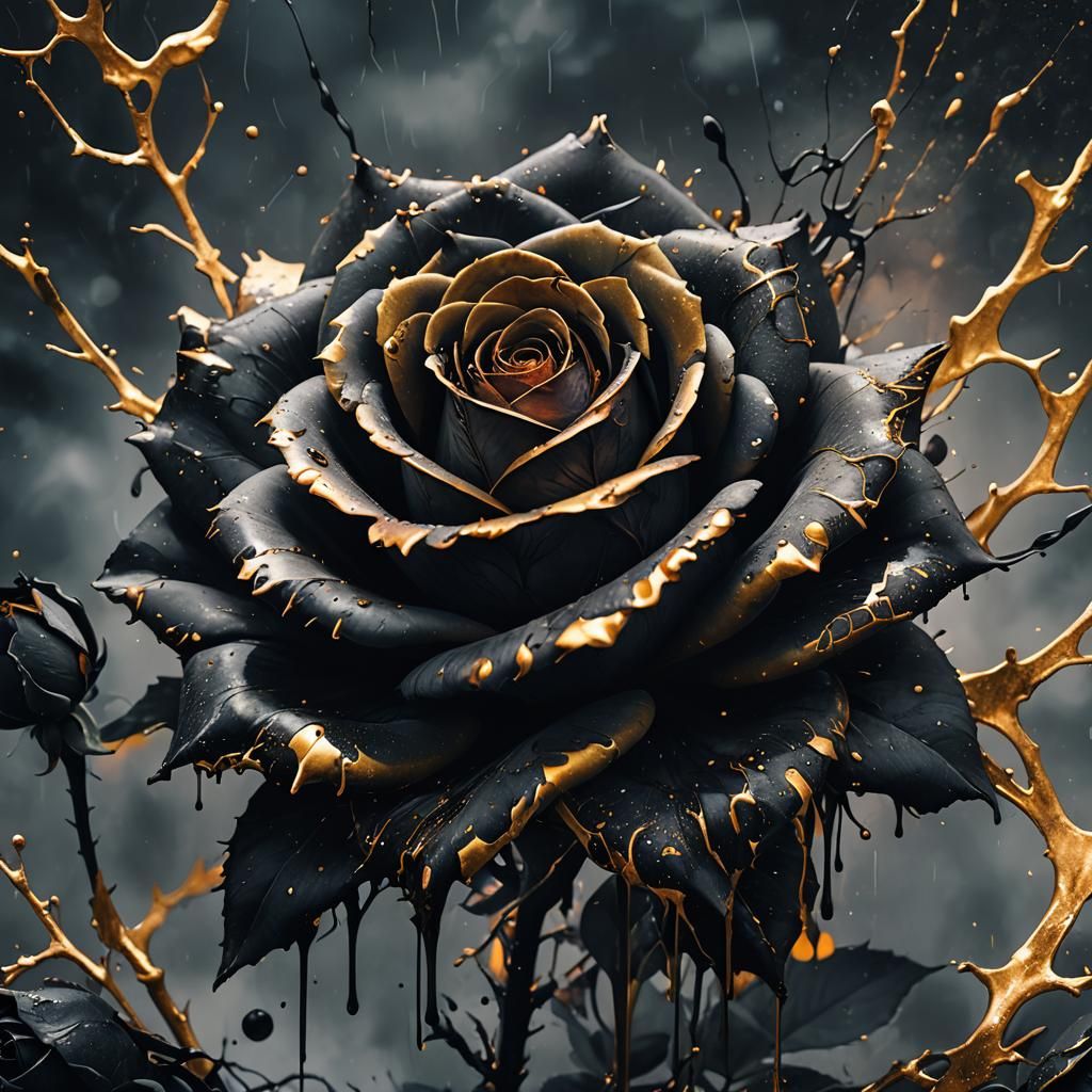 Mysterious Black Rose with Ink Splatters in Dark Fantasy