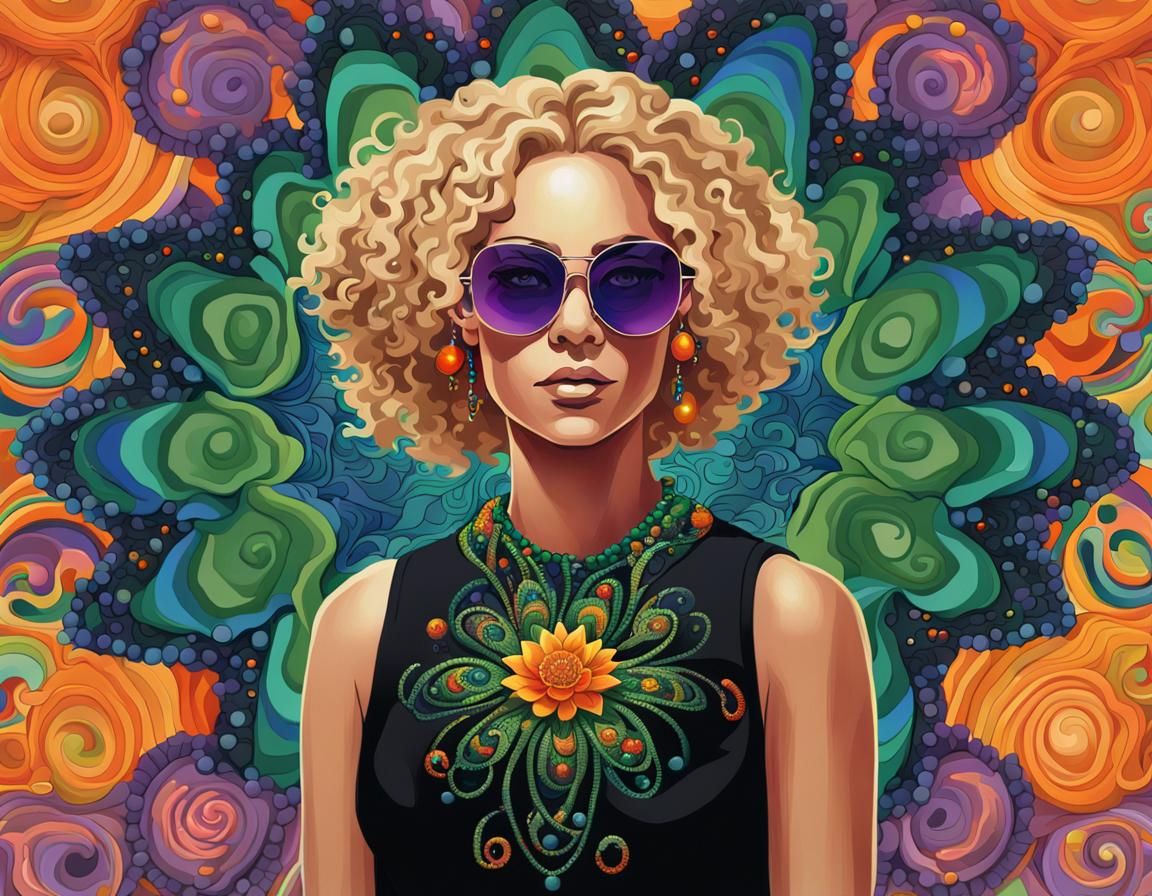 Psychedelic Portrait of Woman with Colorful Beadwork