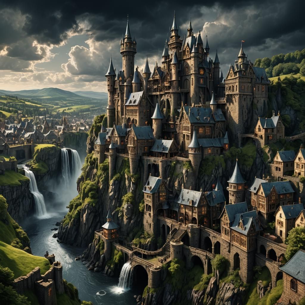 Clockwork Castle and Village Fantasy Landscape in HDR