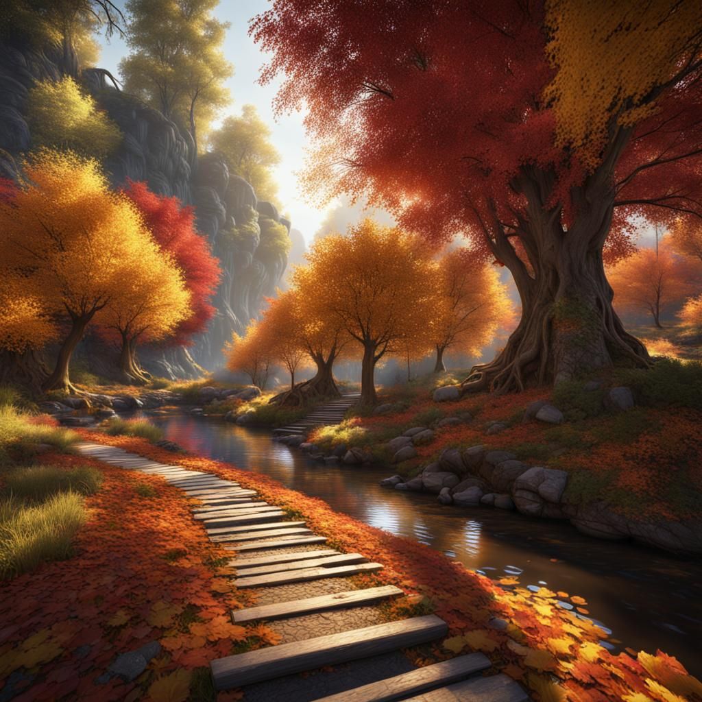 Autumnal Path Through Trees in Detailed Matte Painting