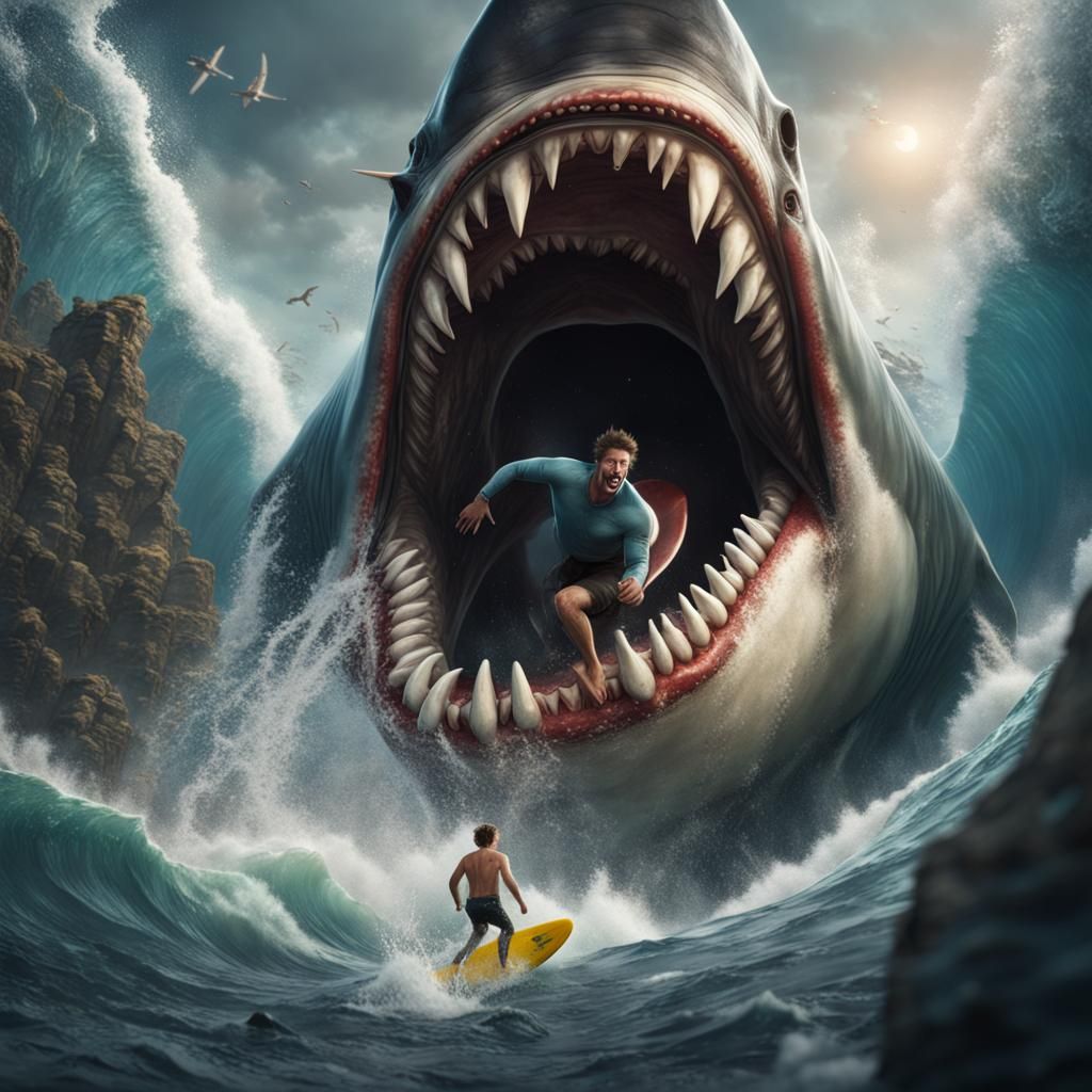 Surfer Meets Megalodon in Fantasy Art