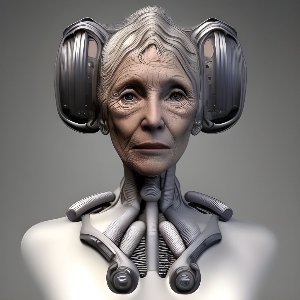 Old Female Robot Grandmother Portrait in Dystopian Sci-Fi
