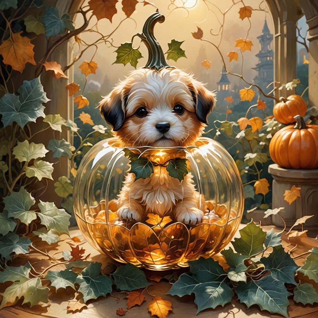 Puppy on Glass Pumpkin: Whimsical Fantasy Illustration