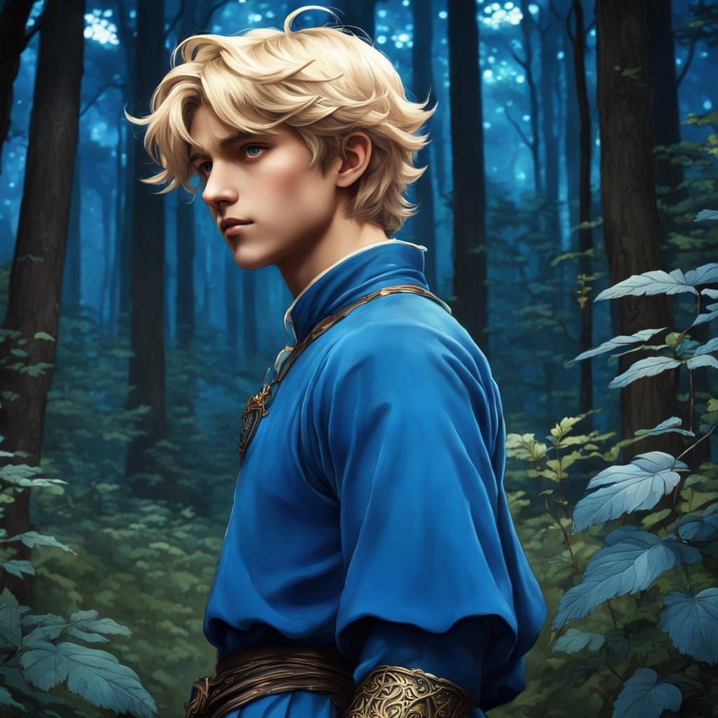 Medieval Boy Illuminated in Dark Forest