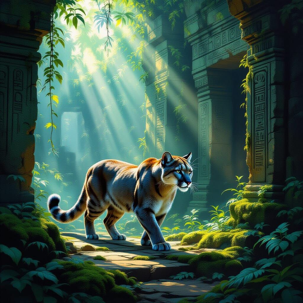 Majestic Puma in Ancient Temple Ruin