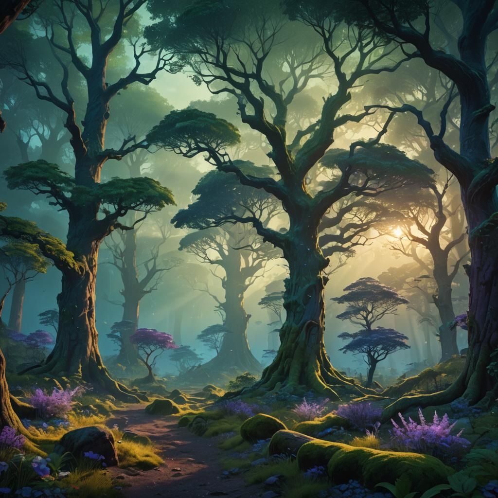 Luminescent Flora in Emerald Forest Concept Art