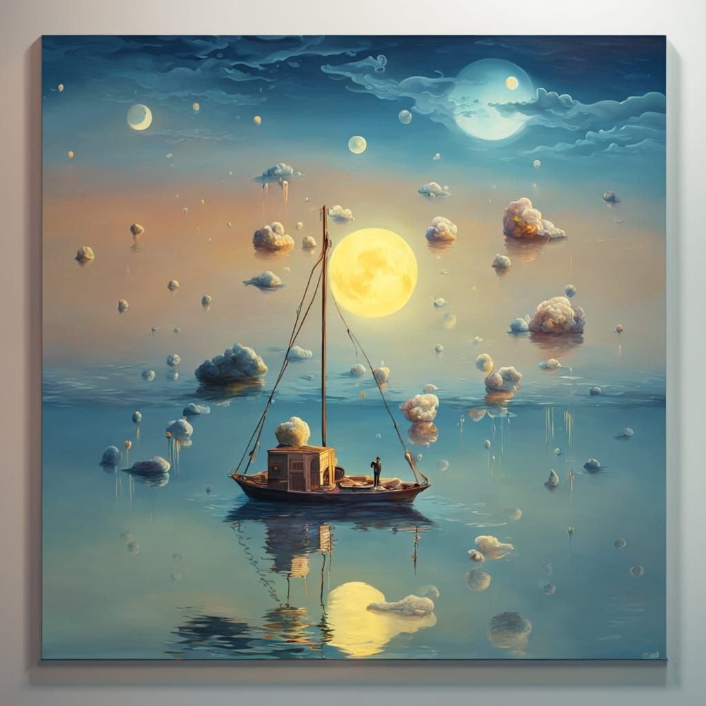 Surreal Dreamscape With Melting Objects Under Moonlight