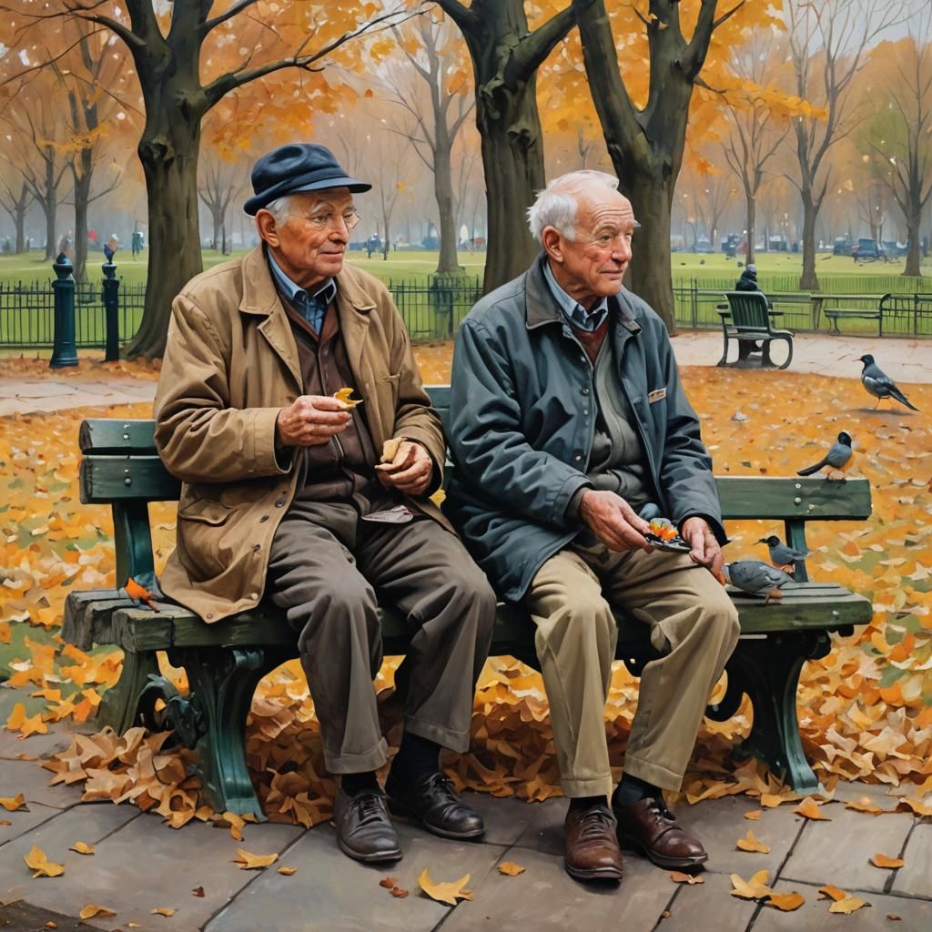 Friends Feeding Birds in Autumn, Oil Painting