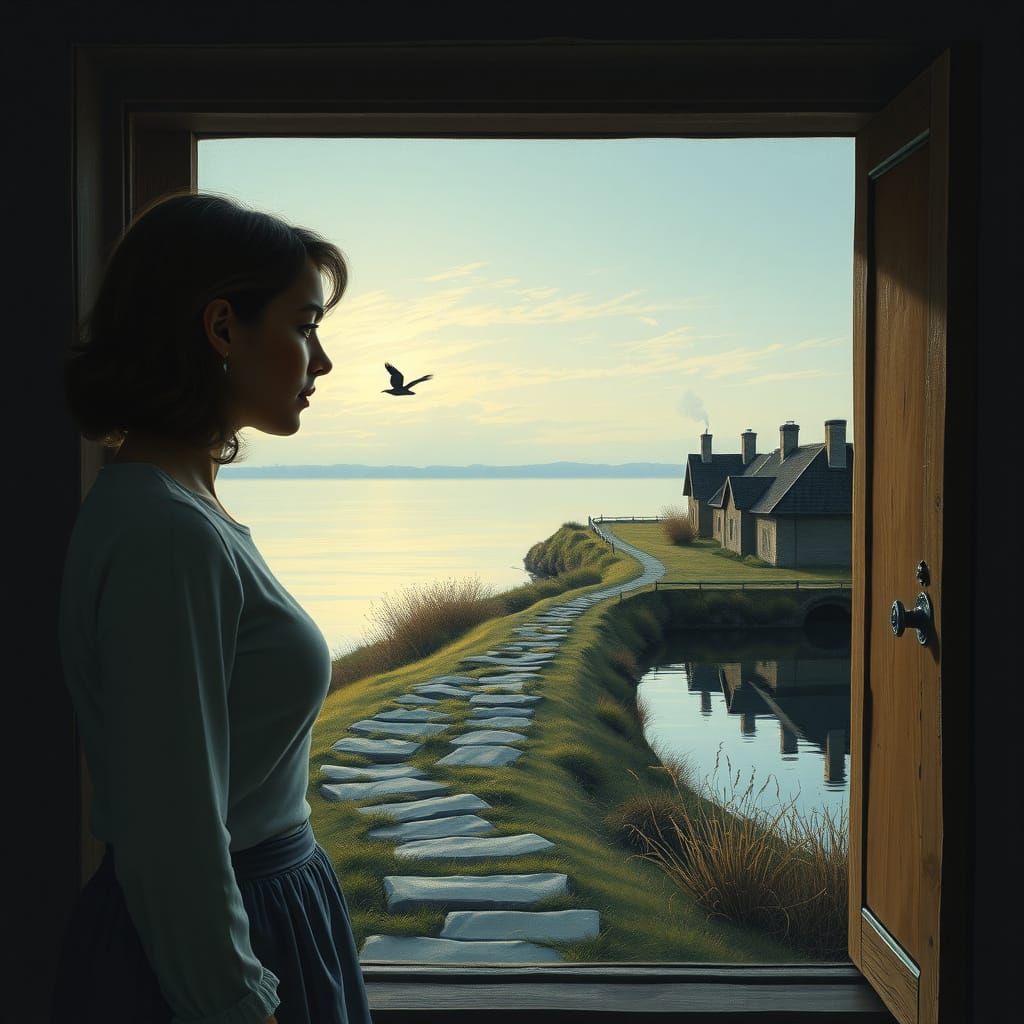 A Contemplative Woman at Sunset, with Winding Path and Rusti...