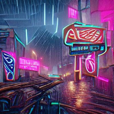 Dystopian Rainy Street with Neon in Synthwave Style