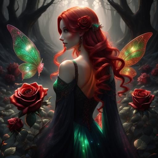 Red-Haired Fairy in Enchanted Forest with Glowing Roses